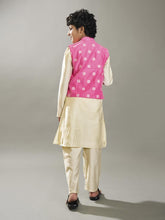 Boys off white kurta pajama with pink jacquard booti Jacket